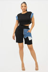 BLOCK SLEEVE TOP AND BIKER SHORTS SET